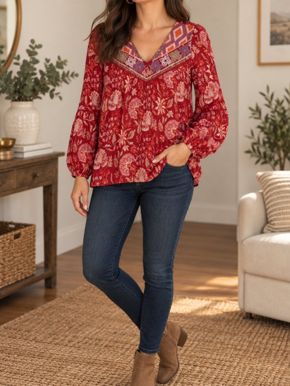 Rachel Zoe Red Floral Embroidered Boho Blouse Women’s Small 100% Cotton